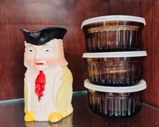 Sad face Toby mug, vintage amber glass ramekins with lid