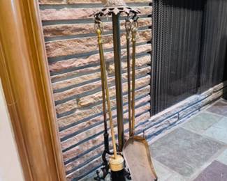 Beautiful ornate antique brass fireplace tool set