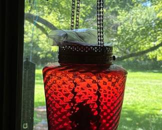 Antique cranberry hanging oil lamp