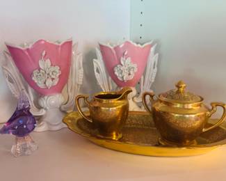 Antique old Paris pink and white porcelain vases,