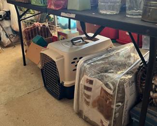 Dog crates. Dishes.