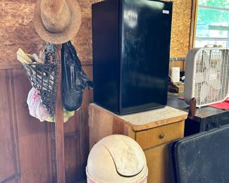 Mini fridge. Trashcan. Fan.