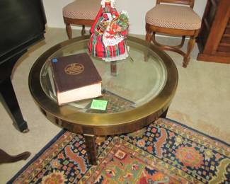 Hollywood Regency Milo Baughman style brass/glass round coffee table
