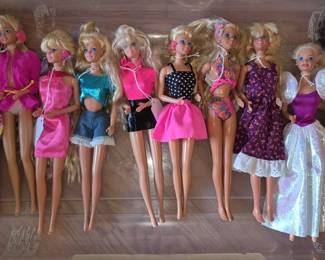 Barbies. Bags of clothes not pictured: Ken, Snaps, Velcro, Handmade.  Bags of accessories not pictured: Shoes and Boots, Food, Misc., Disney.