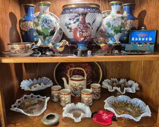 Northwood Glass, Cloisonne, Mintons Plates.