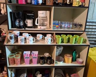Coffee station with pots and mugs. Vintage Bears glasses.