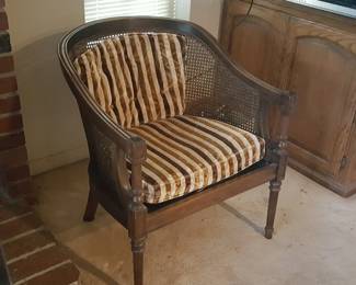 Vintage Ethan Allen Cane Barrel Chair – Solid Wood, Striped Velvet Cushions