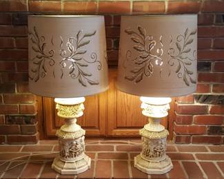 Vintage Old-World Table Lamps with Cut-Out Drum Shades – stunning!