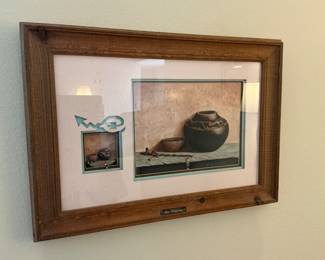 Gorgeous matted and framed miniature pottery with artists painting of it.