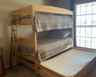 Trundle bed comes with thick foam. Perfect set for the grandkid’s sleepover🥰! Can also use upper mattress on trundle to convert to king-size lower bed.