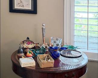 Mahogany Drum Table, Some sterling pieces, entertaining items