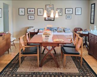 Dining Room. Contemporary Table with Midcentury Chairs, Bar and Server, Drum Table, Pacific Northwest Art