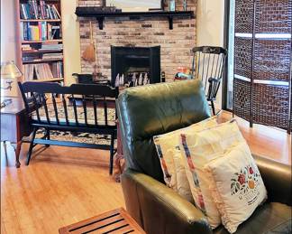 Living Room. Leather Recliner, Teak Bench, Ethan Allen Bench and Rocker, Room Divider, Shelf of Books