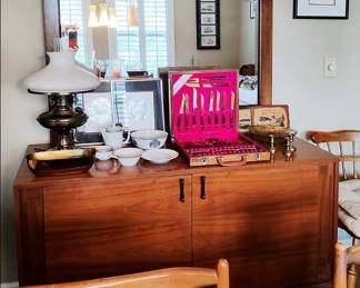 Solid Wood Server, Mirror (marriage), Converted Oil Lamp, USN Officers China, Flatware from Thailand