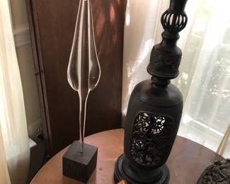 Mid Century lucite Virgin Mary; Japanese bronze lantern converted to lamp