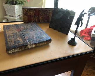 Bronze figure; Early 19th century Icon; Antique wallpaper stamp