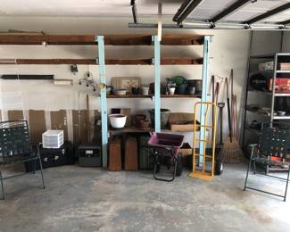 Lawn chairs, trunk, pots, misc yard tools, vintage luggage