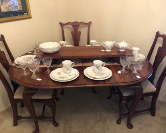 Dining table and chairs, brand new Lenox dishes, crystal