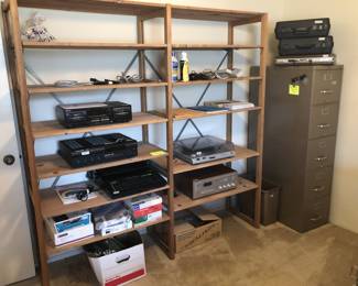 Electronics, record player, 4 drawer metal file cabinet, shelf unit