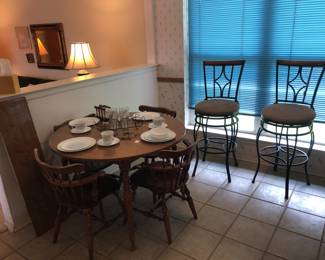 Kitchen table and 4 Chairs, two metal stools, Corelle dishes