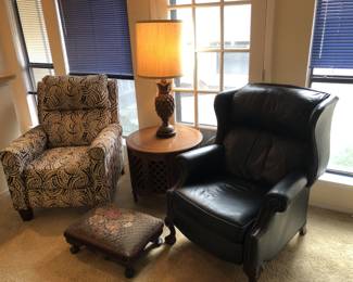 Electronic recliner, blue leather recliner, antique footstool, table & lamp