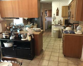Small kitchen appliances- food processor, standing mixer, crock pots, coffee bean grinder, small low shelf unit
