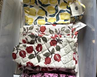 new kitchen towels, mittens, aprons (lemons, pomegranates, pink)