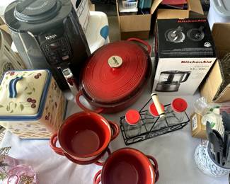 Ninja air fryer, lodge pot, ceramic bowls, vintage jar, hot coco set, Kitchenaid food processor, etc.