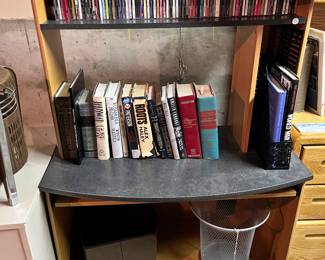 Desk and bookshelf.