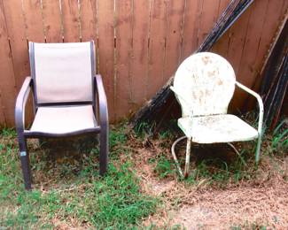 Left is a set of 4 lawn chairs-right is vintage metal lawn chair.