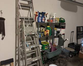 Two aluminum ladders, yard care products