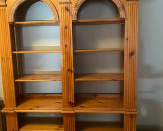 Pulaski Solid knotty pine carved wood double arch multi shelf bookcase. 62 in x 84 in, $350