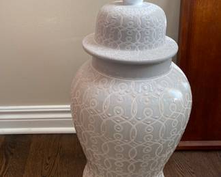 Beautiful Traditional hand painted Ginger jar finished in white/taupe/gray colors W13 x H26 in . $250