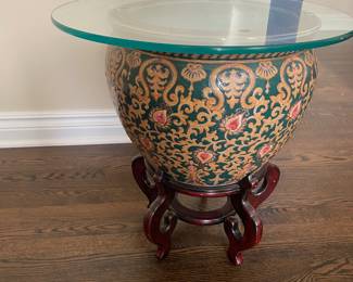 Chinese porcelain fishbowl planter with stand and glass top. $175
