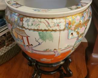 Large Oriental Fishbowl Planter with wooden base