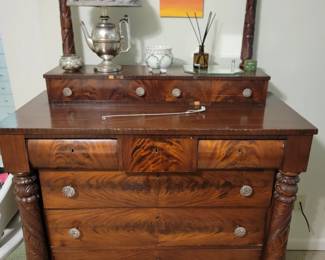 Antique Flame Mahogany Chest w/Twist Columns and Glove Drawer