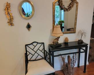 Foyer Table with Elephant Lamp & Wire Tree, Acceent Gold Mirrors and Arm Chair with leather seat, Grapevine Swan