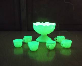 Vaseline Glass Small Punch Bowl and Cups