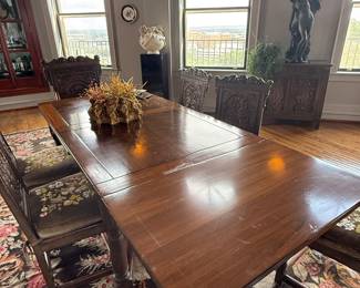 Antique heavily carved extension Table with 8 chairs/Antique carved 3 door buffet $15,000