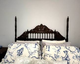 Wooden king bed frame, mattress, bedding