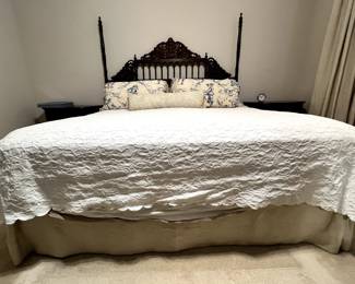 Wooden king bed frame, mattress, bedding