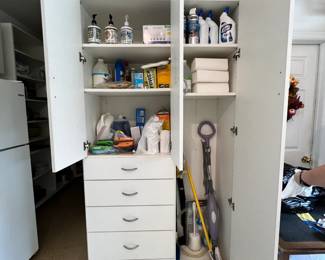 Lots of new and almost-new cleaning supplies in the garage.