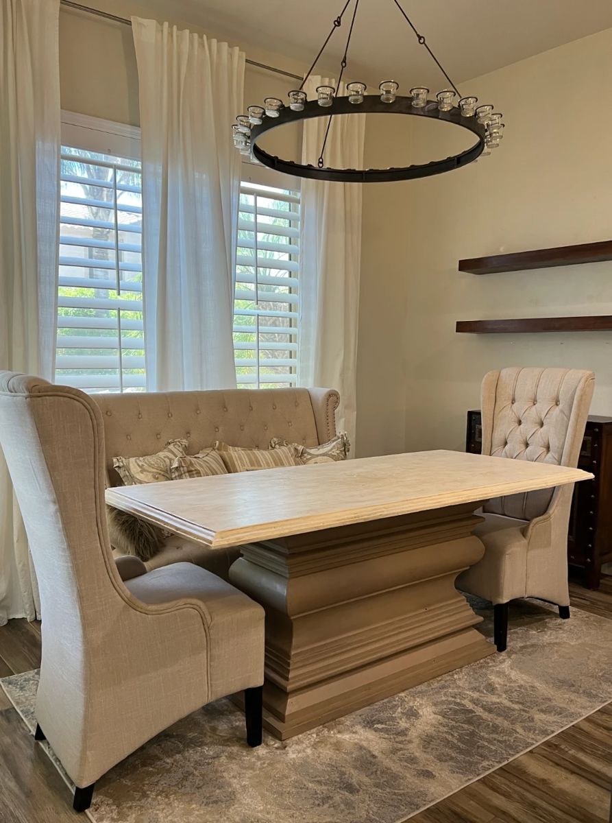Dining Table w Settee and 2 HIgh Back Tufted Chairs