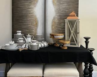 Art 2-pc, Stools pair, Lantern, China, Black Pillar Candle Holders pr...