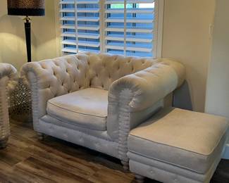 Tufted Sofa, Arm Chair and Ottoman, Leopard Print Decorative Mirrors, Art, Table Lamp
