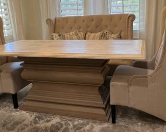 Dining Table w Settee and 2 HIgh Back Tufted Chairs