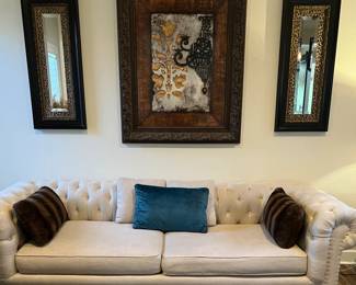 Tufted Sofa, Arm Chair and Ottoman, Leopard Print Decorative Mirrors, Art