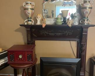 Antique Mantel Piece, Electric Logs, Newer Radio / record player , Vintage decorative Mirror