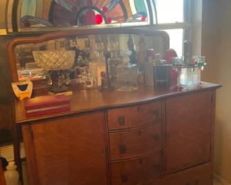 Antique Oak Sideboard, Bar ware, Stained Glass