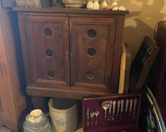 Pie Safe, two sets of Flatware, Stoneware Crock, China, George and Martha Washington